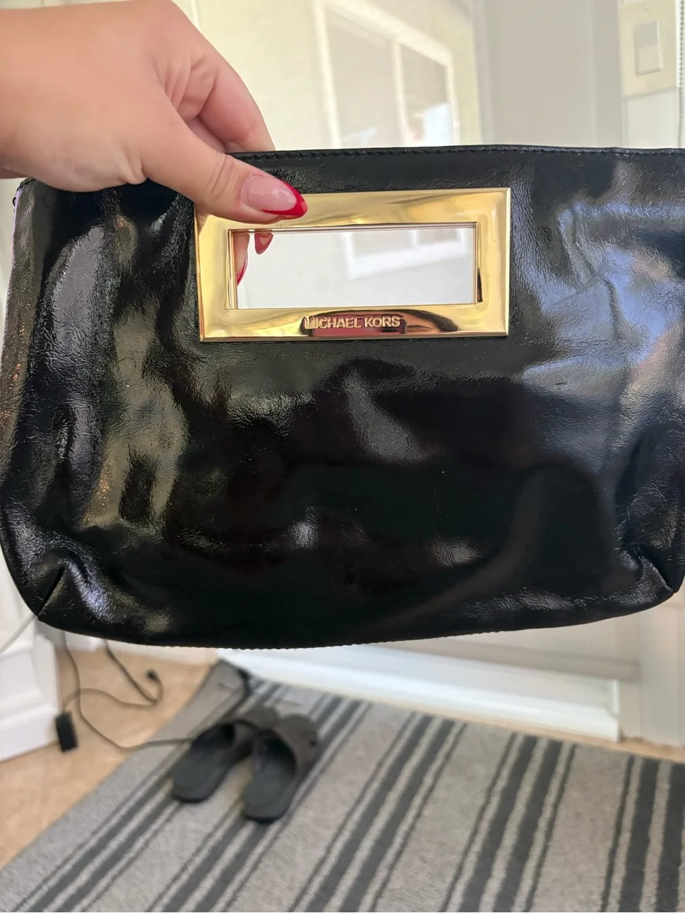 Michael Kors Black Patent Leather Clutch with Gold Accent Handle